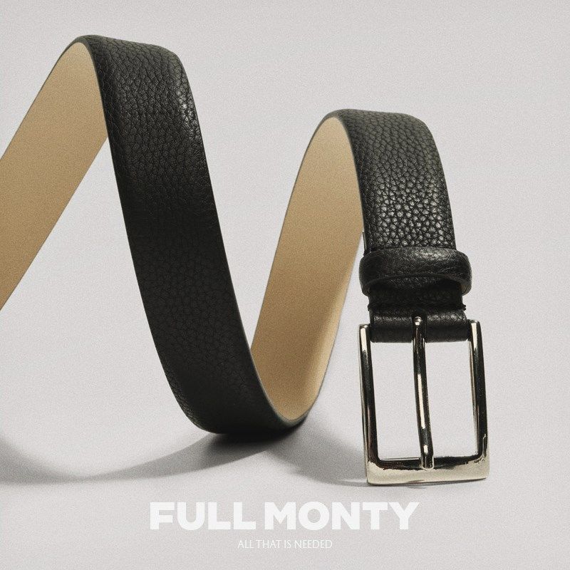 full monty黑色荔枝纹皮亮银色扣皮带男士商务正装百搭腰带