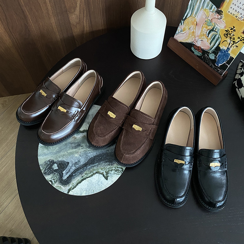 棕色复古金币鞋中跟圆头乐福鞋女一脚蹬真皮平底单鞋英伦风小皮鞋,女鞋,乐福鞋（豆豆鞋）,淘宝优惠券,粉丝福利购,淘宝优惠卷