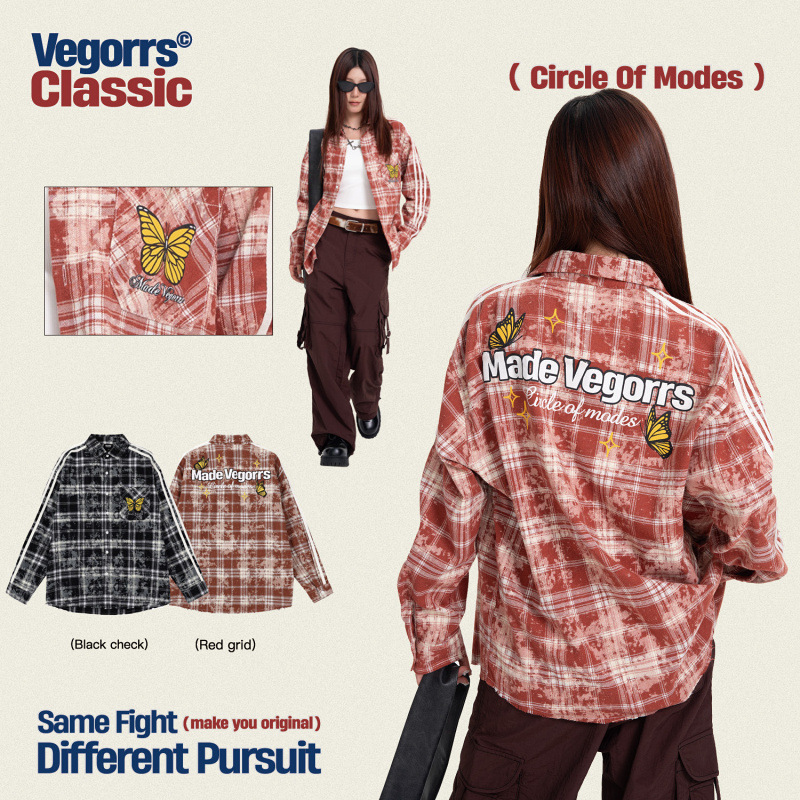 VEGORRS蝴蝶格子潮牌美式衬衫男