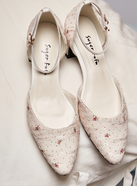 SugerFuFu原创设计 手工制作 洛可可玫瑰园杏仁头半包粗跟玛丽珍