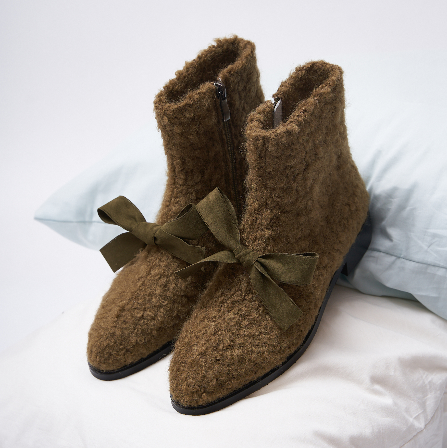 SugerFuFu原创设计手工制作 秋冬苔藓绿可爱羊毛呢时装粗跟短靴