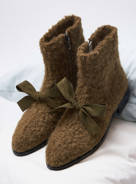SugerFuFu原创设计手工制作 秋冬苔藓绿可爱羊毛呢时装粗跟短靴
