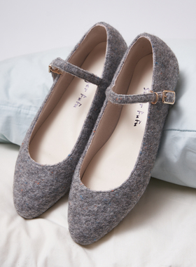 SugerFuFu设计 手工制作秋冬毛绒绒灰底彩色点点圆头平底玛丽珍