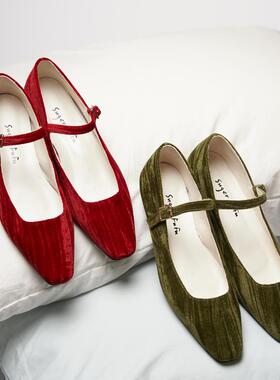 SugerFuFu设计 手工制作秋冬条纹丝绒正红橄榄绿平底方头玛丽珍