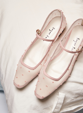 SugerFuFu原创设计 手工制作 粉色点点透明网纱方头平跟玛丽珍