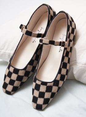 SugerFuFu设计 手工制作 秋冬豹纹羊毛绒方头平底玛丽珍