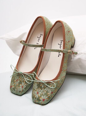 SugerFuFu设计 手工制作新中式国风织锦绿色蝴蝶结方头粗跟芭蕾