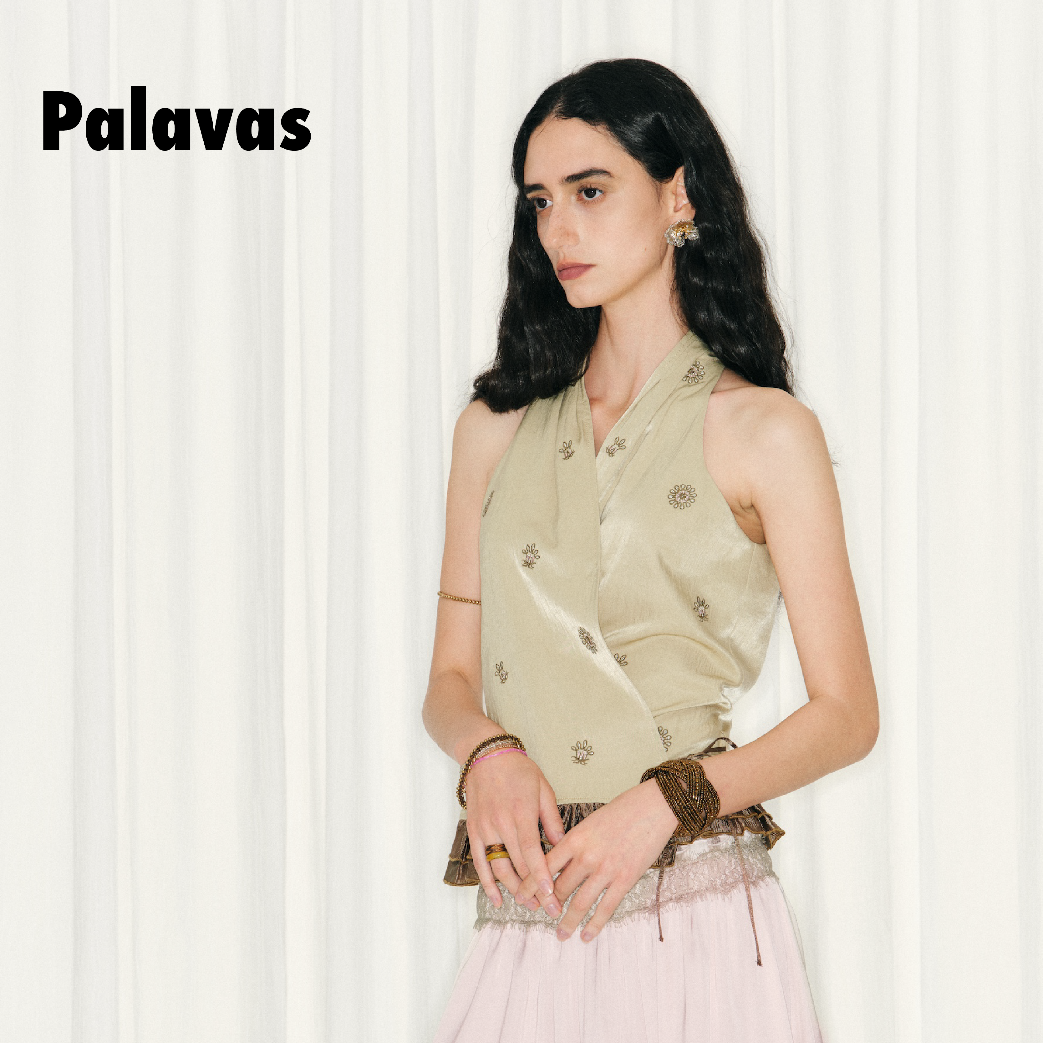 Palavas26春夏钟楚曦同款纱丽游迹上衣V领拼接背心女无袖上衣原创