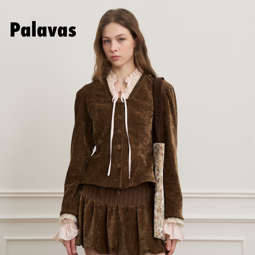 Palavas26秋冬新款圣卡洛夜曲丝绒外套撞色拼接中古风灯芯绒上衣