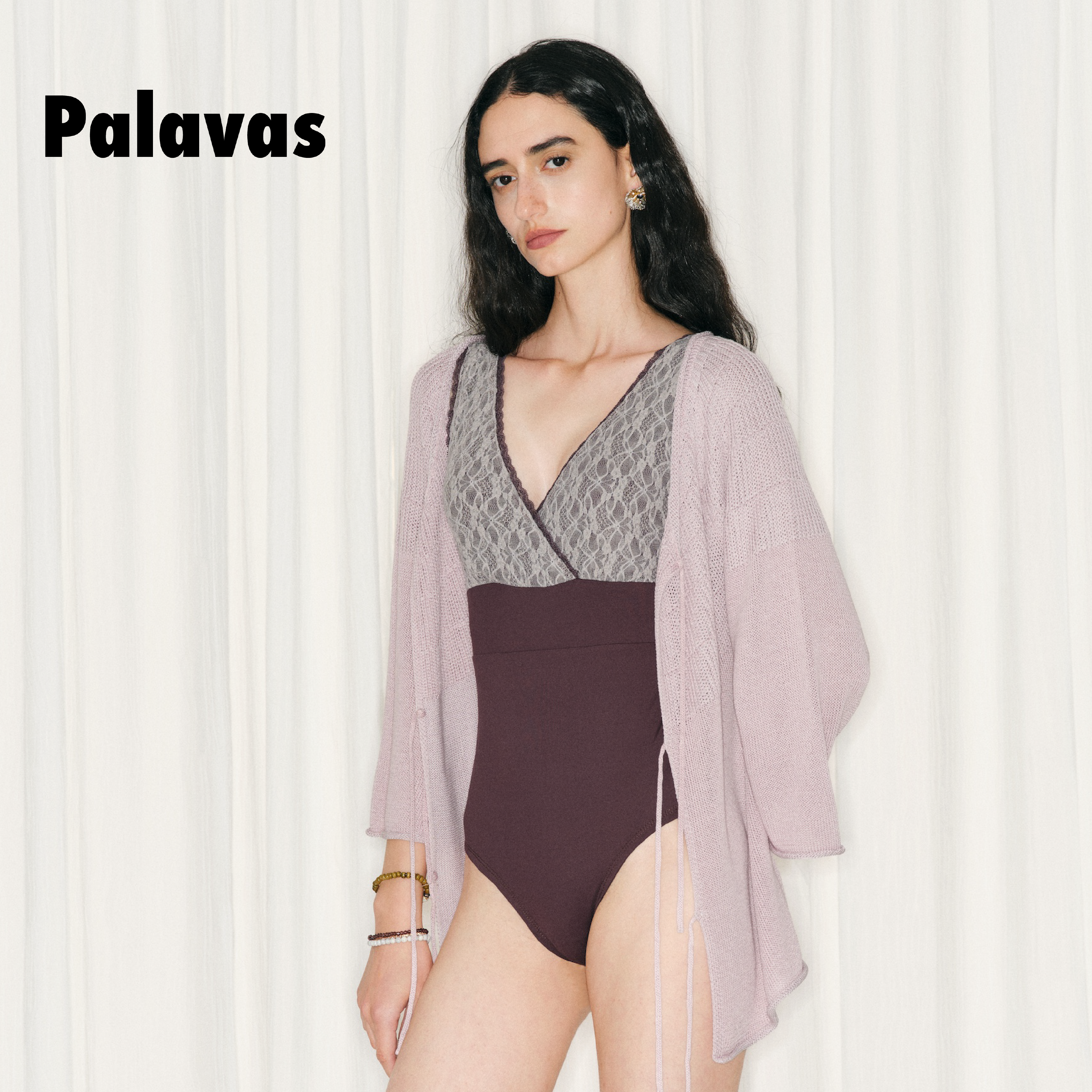 Palavas26春夏新款粉色斋普尔针织开衫宽松V领系带莱赛尔长袖上衣
