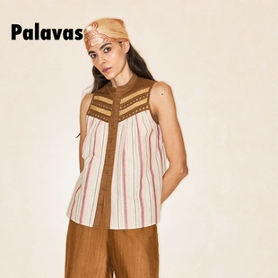 度假风女原创 撞色设计感衬衫 Palavas维森斯市集上衣法式 条纹无袖