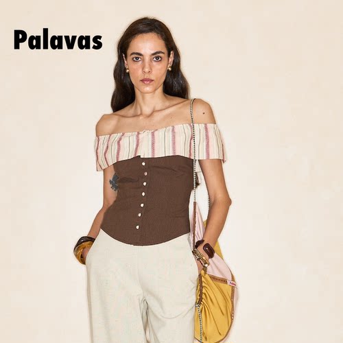 palavas一字肩条纹背心女上衣
