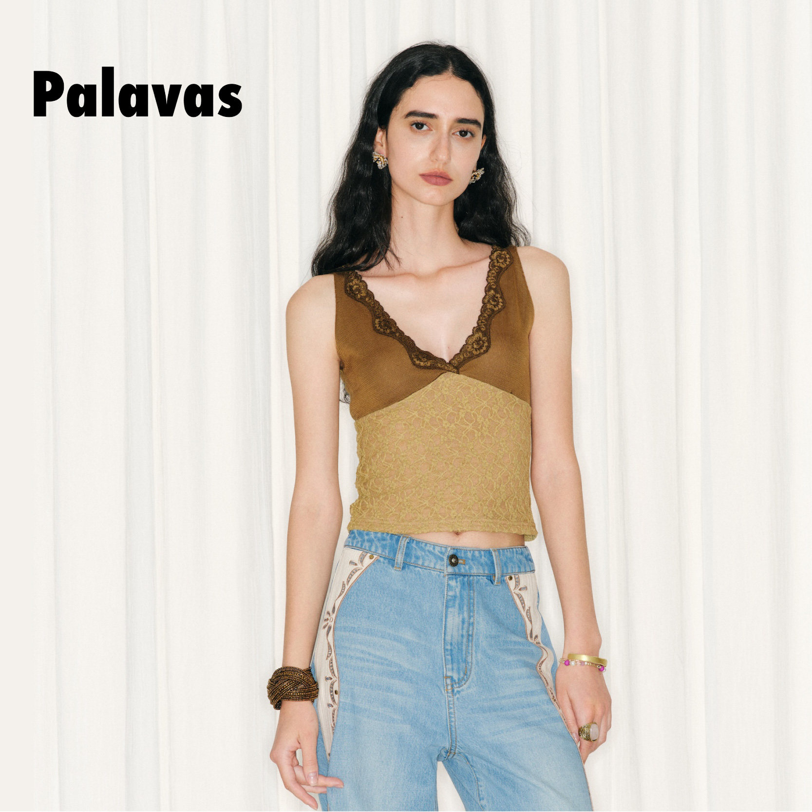 Palavas26春夏新款琥珀金城针织背心复古蕾丝拼接V领吊带棕色无袖