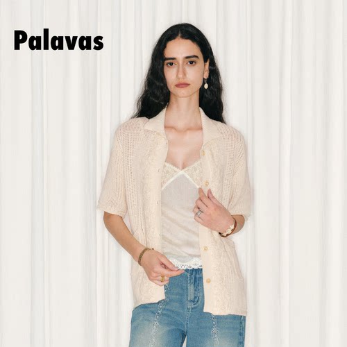 PALAVAS奶油风菩提纱画针织开衫