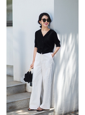 EG206113 夏日清爽纯白 工装风帆布牛仔 高腰直筒阔腿裤宽松休闲