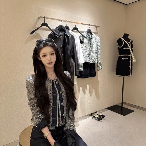 kubiliv叛逆贵女小香风牛仔拼接拉毛外套女甜酷小众复古上衣