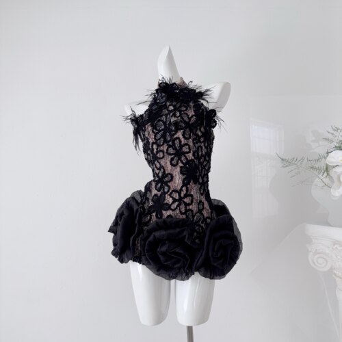J11Studio双生天鹅 重工立体花朵纱羽毛短裙仙女礼服裙连衣裙