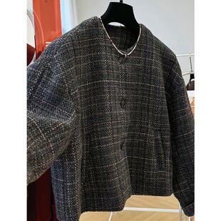 秋冬装新款韩系粗花呢短款圆领毛呢外套超好看小个子呢子大衣夹克