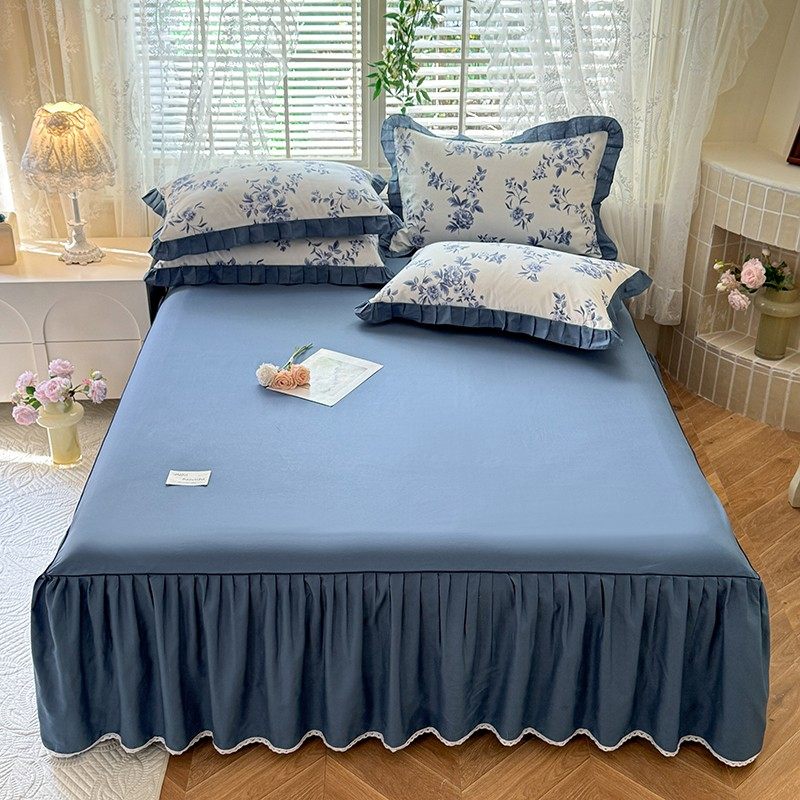 2026新款简约素色蓝色全棉四季款韩版花边单品床裙百搭,床上用品,床裙,淘宝优惠券,粉丝福利购,淘宝优惠卷