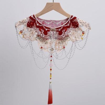 复古汉服云肩马面裙装饰披肩假领女春秋百搭红色流苏珍珠礼服坎肩