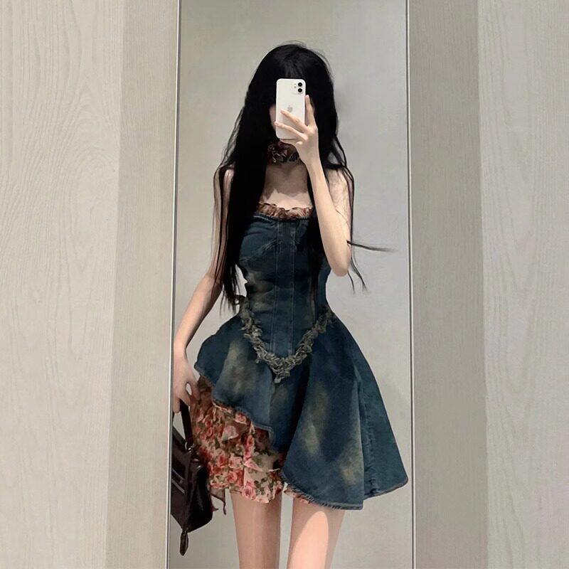 辣妹抹胸牛仔洋装女春夏高级感气质收腰显瘦小个子蓬蓬复古短裙