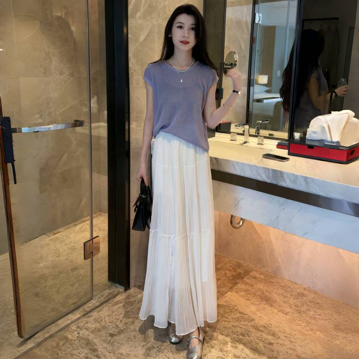 小个子时尚套装女士夏季新款洋派镂空单排扣短袖小衫半身裙两件套