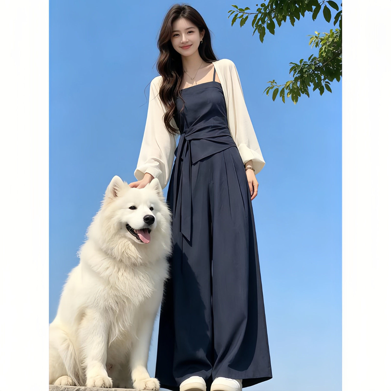 温柔气质高级感休闲套装女夏季飘带吊带背心针织开衫阔腿裤三件套