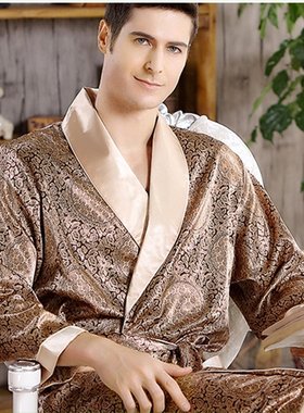 男士居家丝绸睡袍 夏季薄款仿真丝长袖睡衣男式加大码外贸浴袍