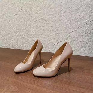 2026新款裸色高跟鞋女细跟气质漆皮浅口侧空单鞋女性感圆头单鞋女
