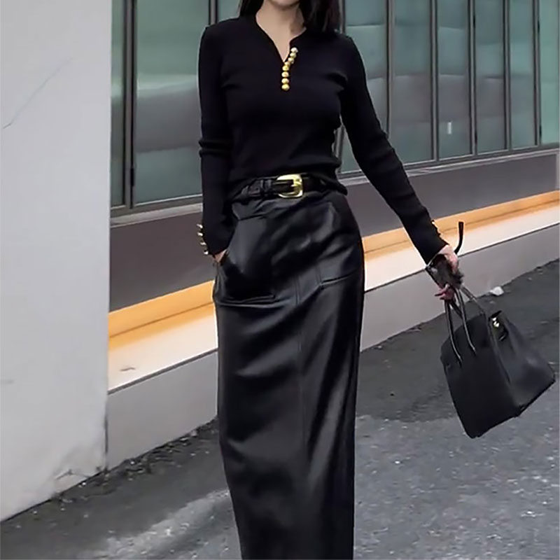 黑色皮裙半身裙女秋冬2023新款加厚高腰修身显瘦开叉直筒包臀长裙