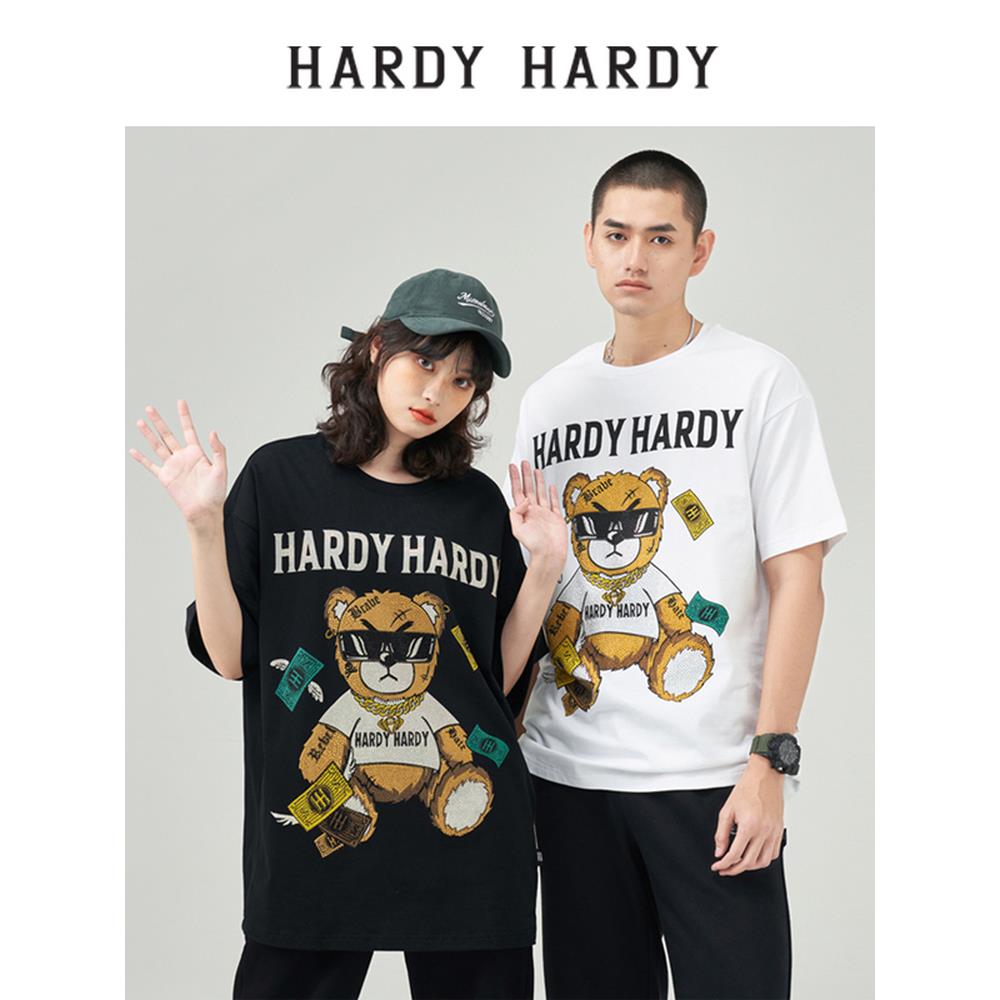 HARDYHARDY潮烫钻字母卡通小熊短袖T恤男女同款纯棉半袖体恤上衣