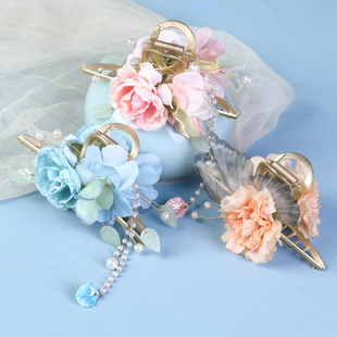 xj-簪花头饰交叉抓夹金属发夹 汉服绢花发饰后脑勺束发夹子古风配