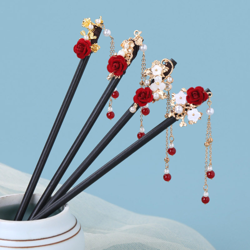 红玫瑰发簪古风簪子红色喜庆发钗