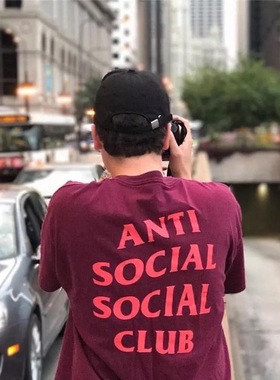 assc短袖过验潮流纯棉酒红色基础字母印花宽松男生t恤情侣高街ins