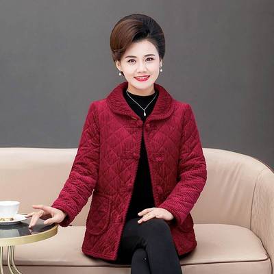 妈妈冬装加绒加厚棉衣灯芯绒外套保暖棉袄大码时尚中老年女装棉服