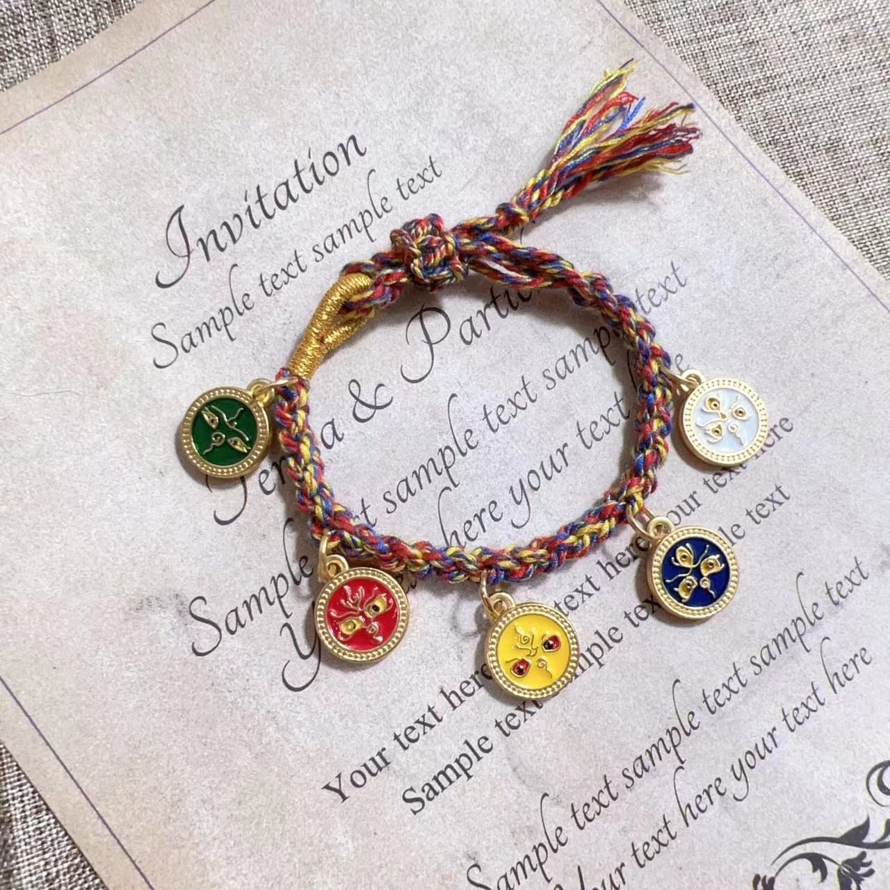 新中式手绳五路财神手链彩绳网红款唐卡古法金楞严咒绿度母手绳