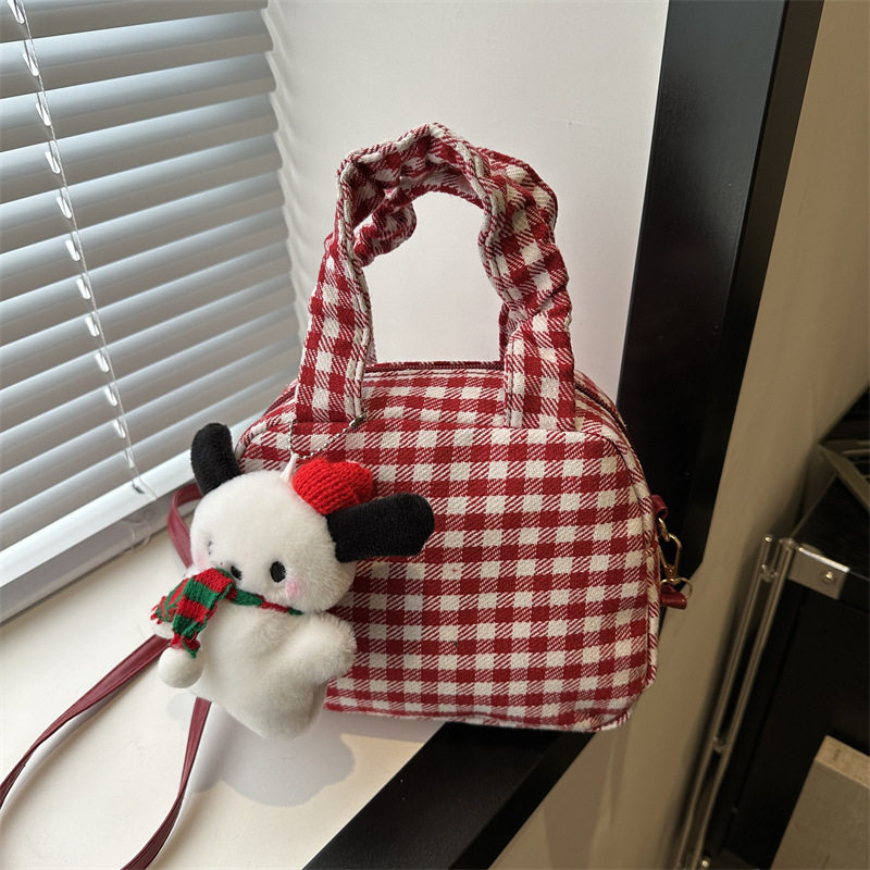 新年红色帆布格子包包秋冬女2024新款潮手提保龄球包斜挎枕头包