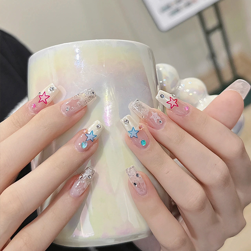 美甲穿戴甲指甲贴长款五角星星彩钻美甲片多巴胺指甲贴成品假
