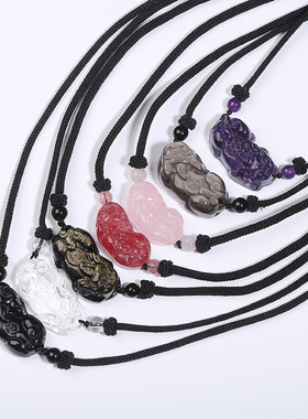 彩眼黑曜石情侣貔貅项链草莓晶粉水晶横版貔貅项链颜九同款吊坠