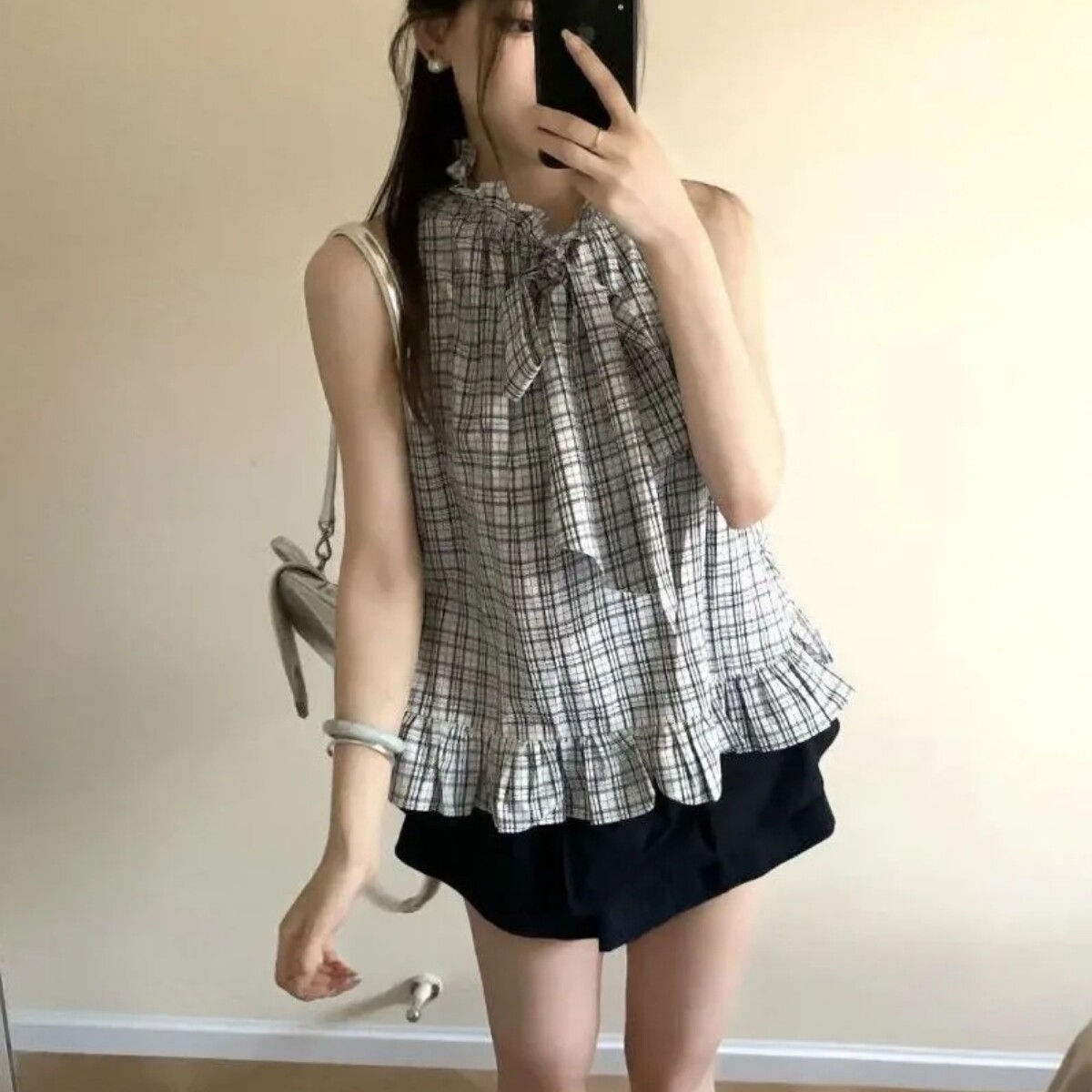 韩系辣妹套装女夏季新款格纹花边领无袖背心衬衫半身裙裤子短裙子