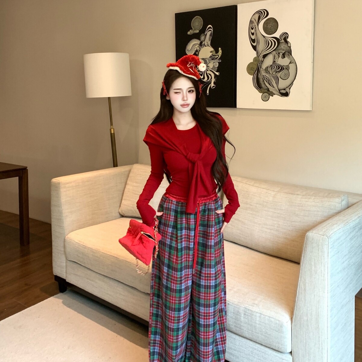 实拍 红色圣诞气质外搭披肩短款上衣女新款高腰阔腿休闲裤套装