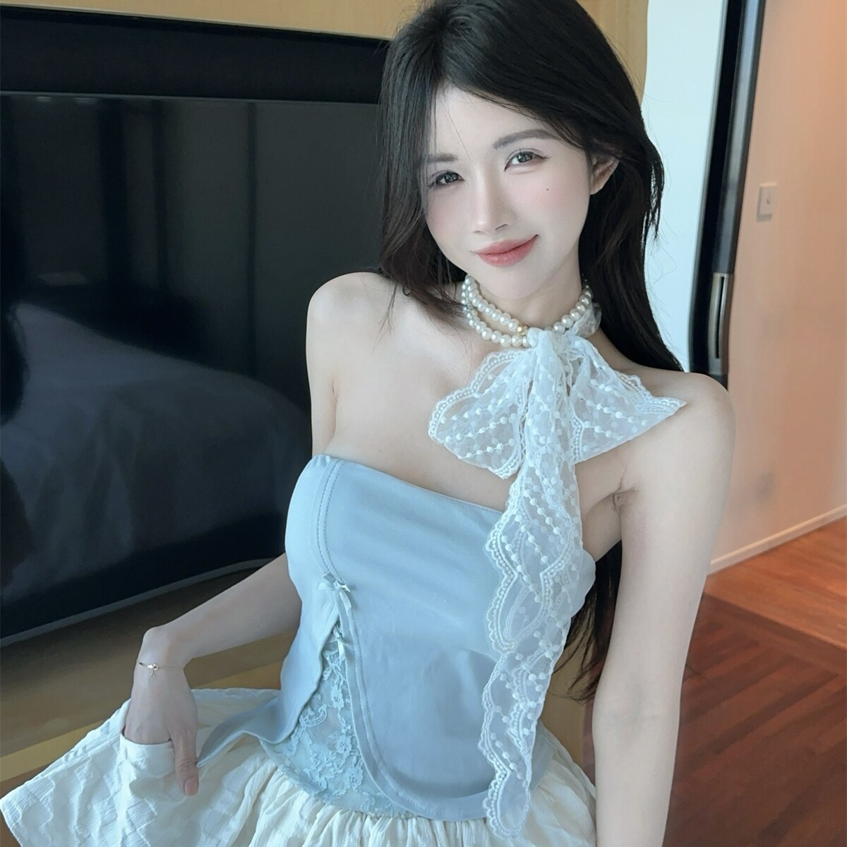 实拍实价 珍珠链蕾丝拼接设计感抹胸甜美上衣蓬蓬短裙女仙气套装