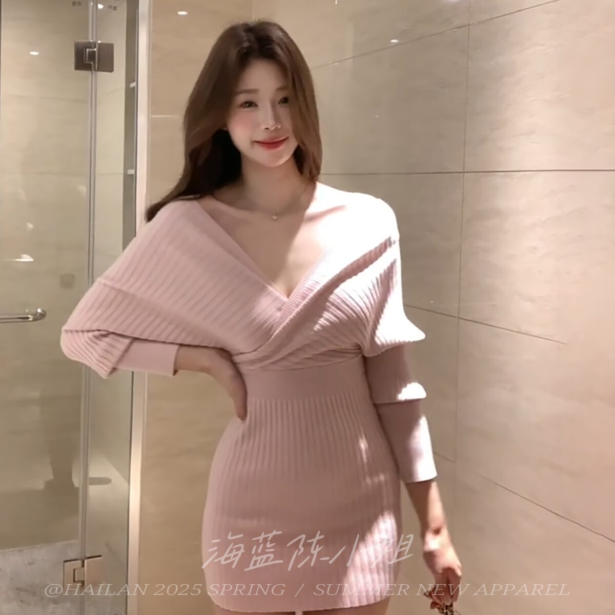 韩国港式一字领露肩收腰针织毛衣连衣裙小心机夜店甜辣风OL包臀裙