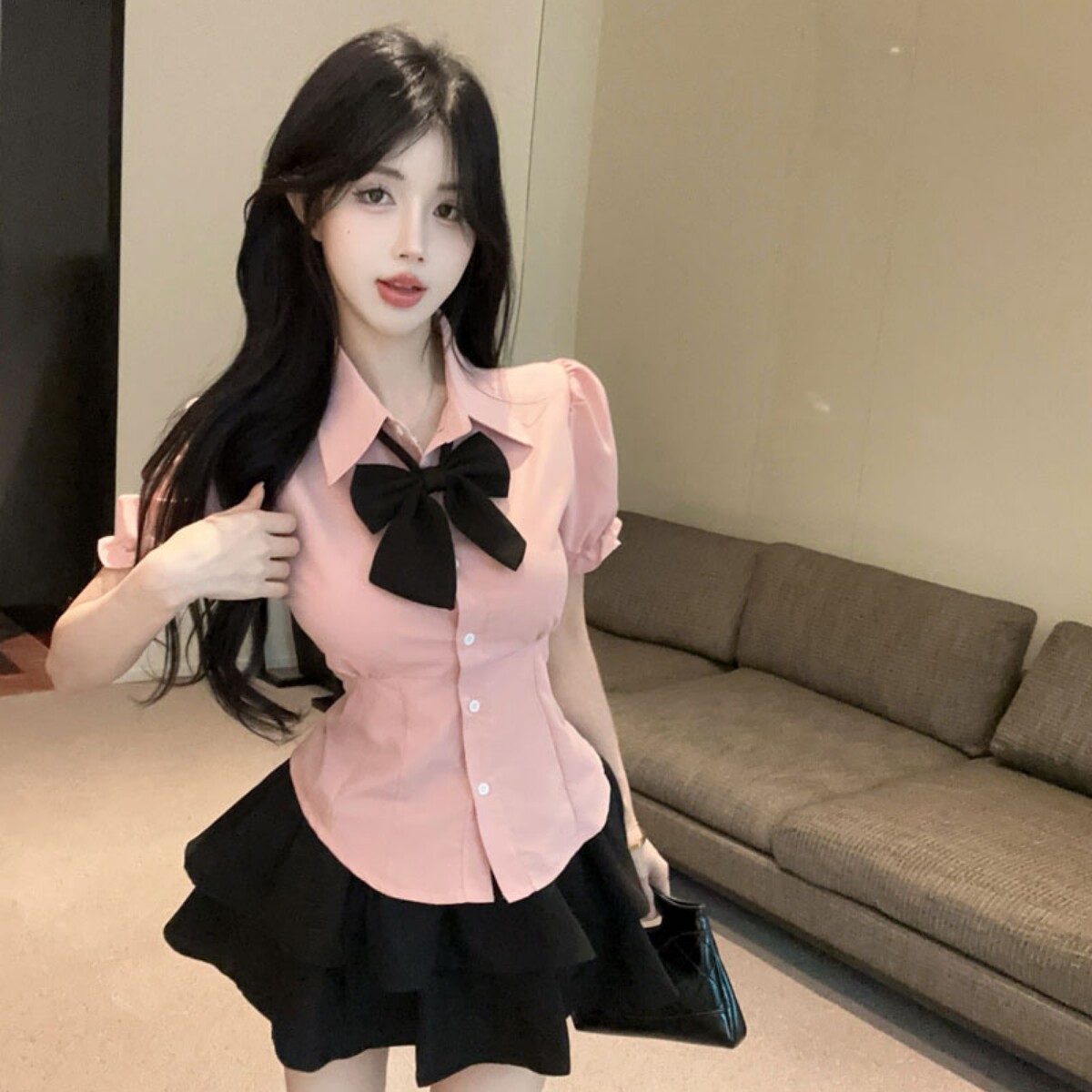 实拍实价 纯欲jk套装收腰衬衫减龄上衣高腰蓬蓬蛋糕裙辣妹两件套