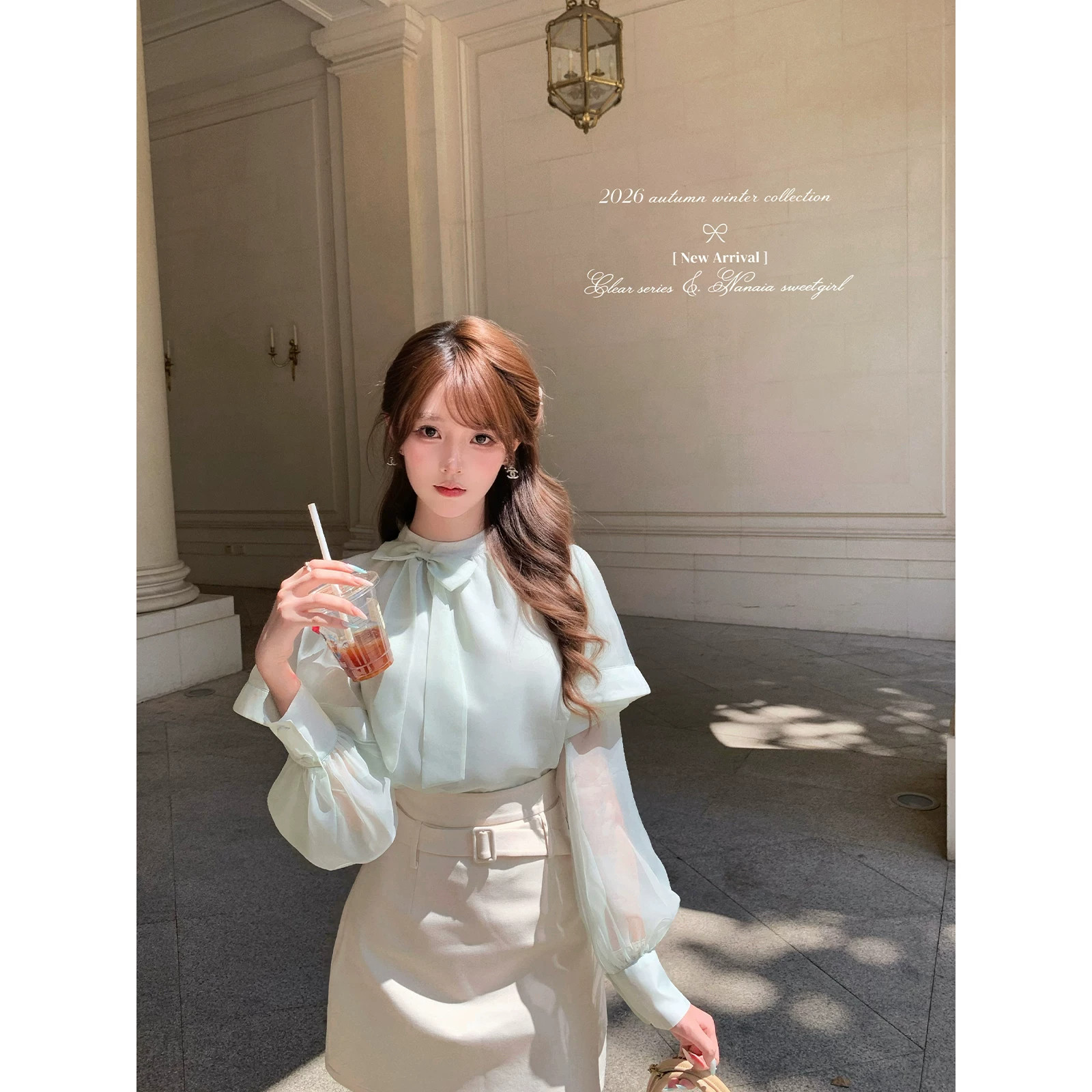 甜水仙 日光诗集 名媛风蝴蝶结套装女秋长袖衬衫高腰半身裙两件套