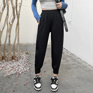 加绒黑色显瘦萝卜裤 女裤 休闲哈伦裤 松紧腰卫裤 九分裤 简谜2385冬季