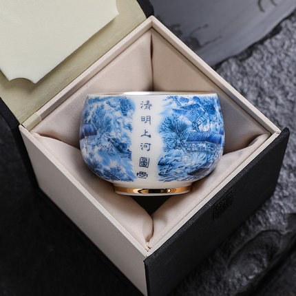 纯银茶杯清明上河图功夫鎏银主人杯茶具个人专用千里江山品茗杯