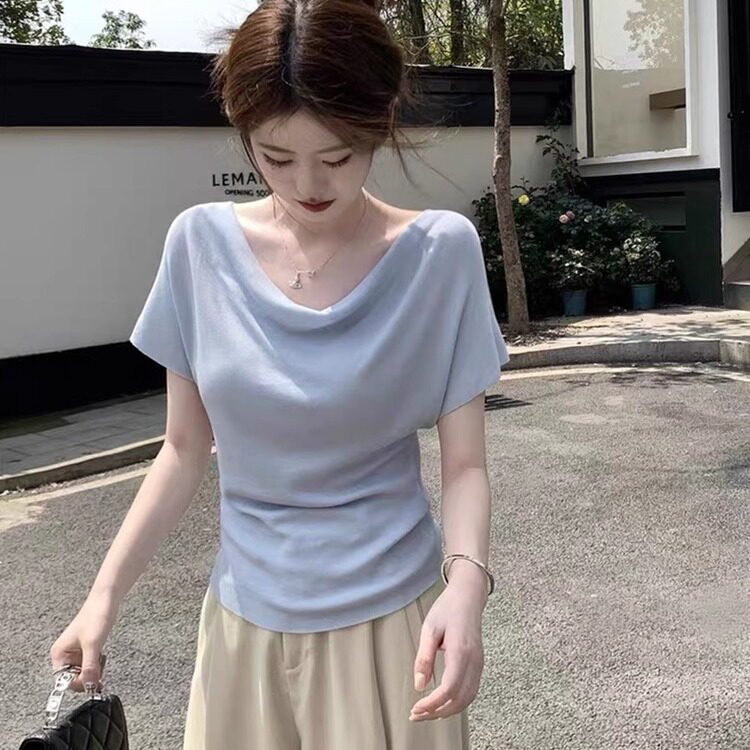 蓝色辣妹垂折领冰丝针织短袖t恤女夏季一字肩纯欲掐腰气质短款上