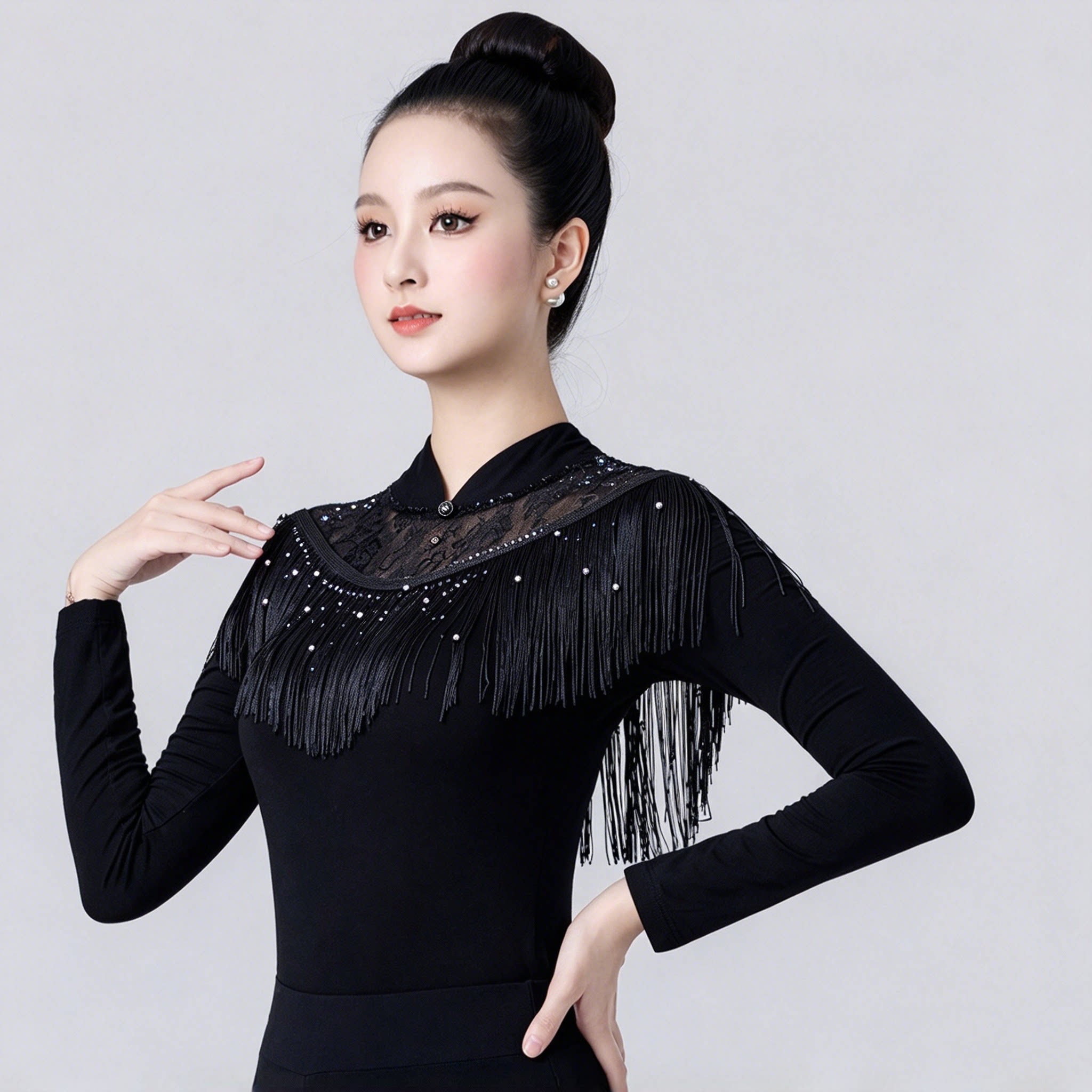 拉丁舞流苏上衣修身显瘦中袖长袖