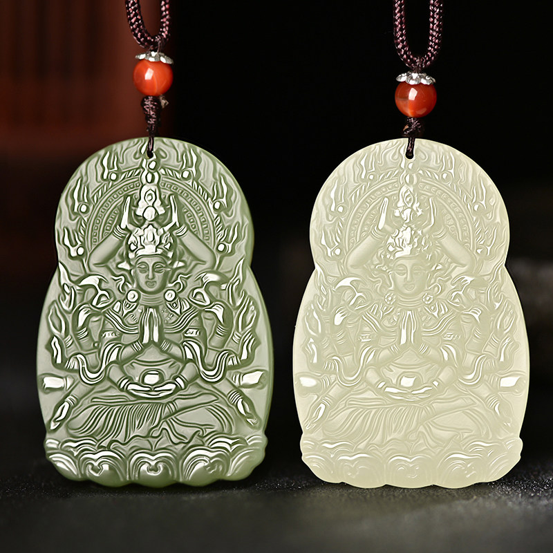 天然和田玉石吊坠千手观世音菩萨双面雕刻图案青白玉坠挂绳男项链